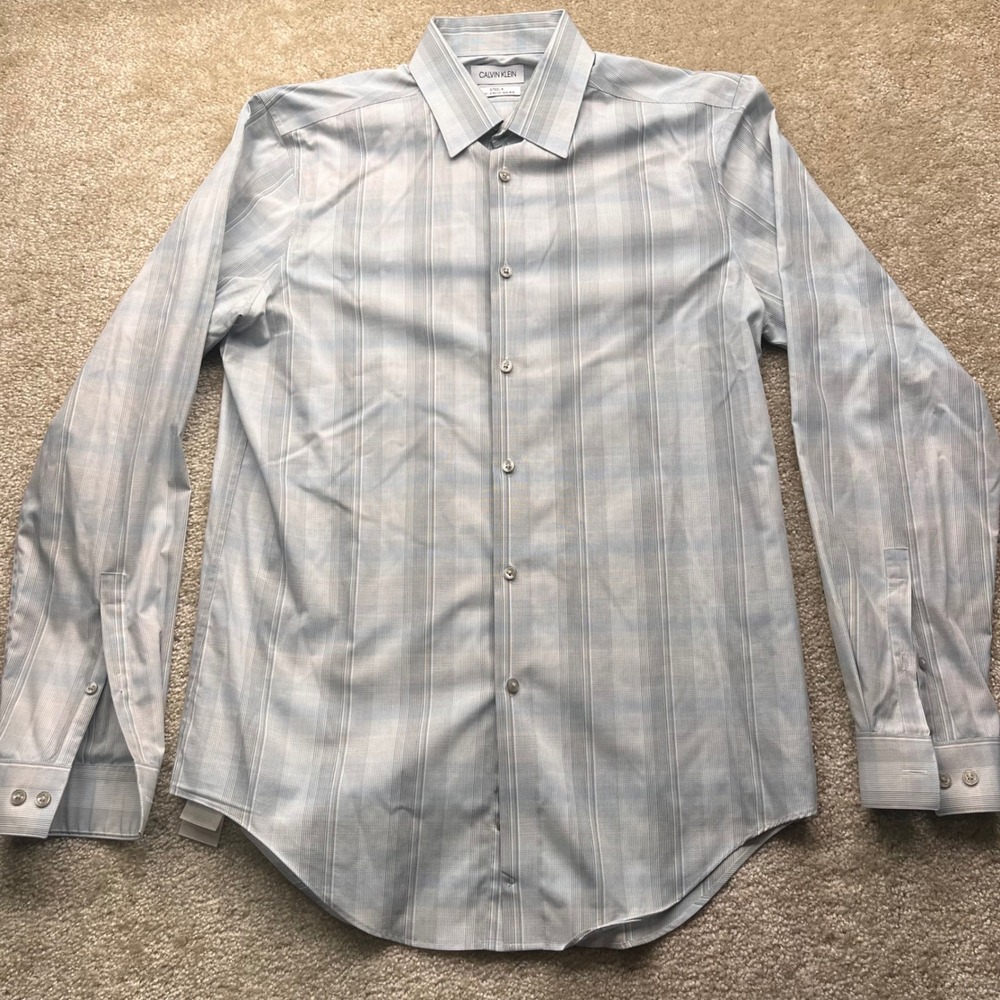 Calvin Klein Steel+ Slim Fit Dress Shirt Blue Grey Striped Non-Iron Stretch 15.5